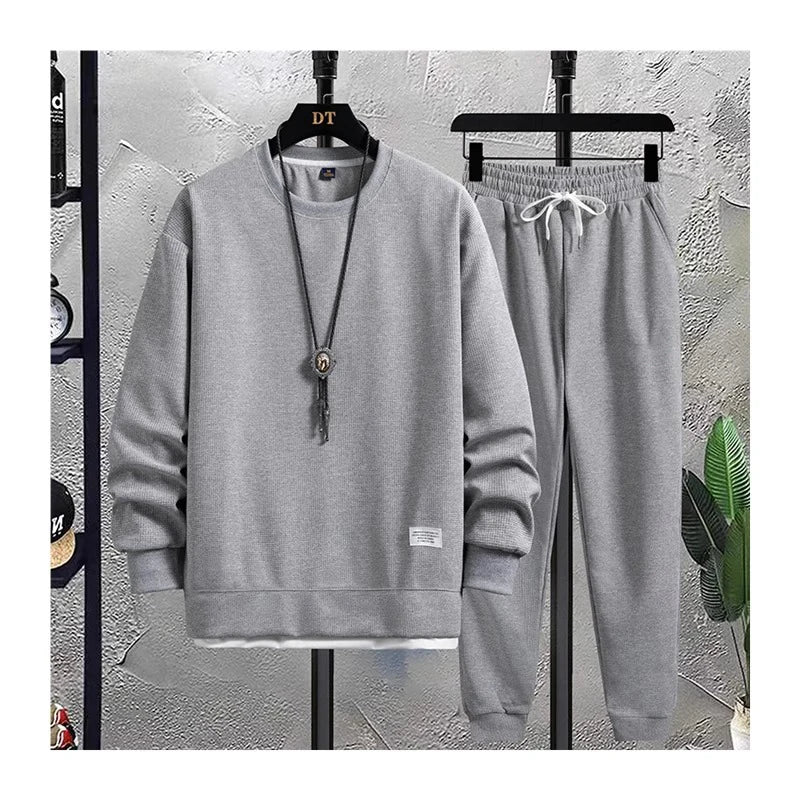 Men's Waffle Casual Suit O-neck Long Sleeve T-Shirt Sweatpants 2023 New Autumn Trend Tracksuit Fashion Sports Two Piece Set