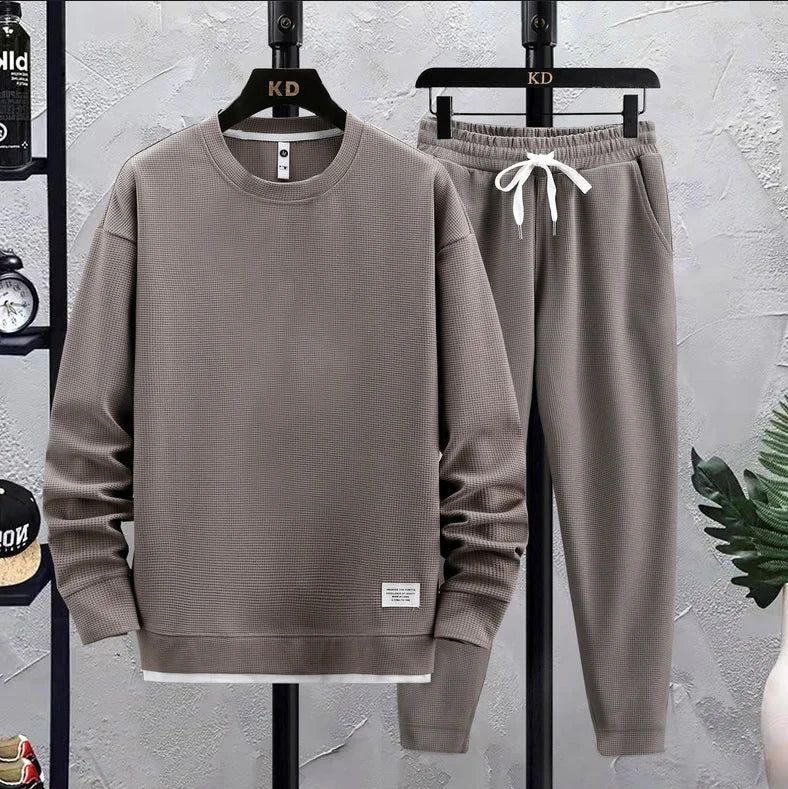 Men's Waffle Casual Suit O-neck Long Sleeve T-Shirt Sweatpants 2023 New Autumn Trend Tracksuit Fashion Sports Two Piece Set