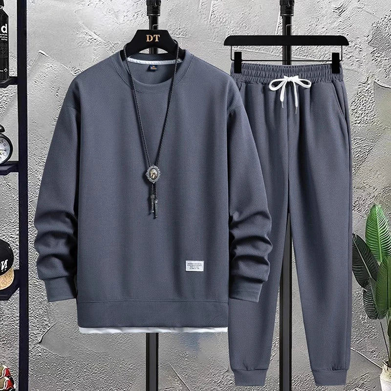 Men's Waffle Casual Suit O-neck Long Sleeve T-Shirt Sweatpants 2023 New Autumn Trend Tracksuit Fashion Sports Two Piece Set